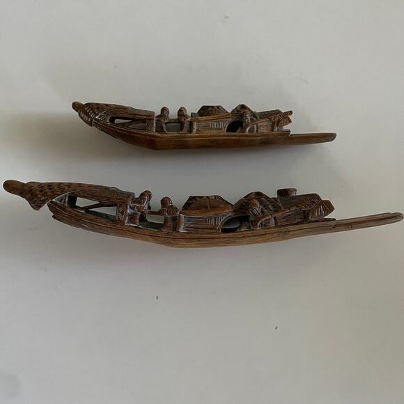 Pair of Antique Chinese Bamboo Hand Carved Fishing Boats/Incense Holders - Picture 2 of 13